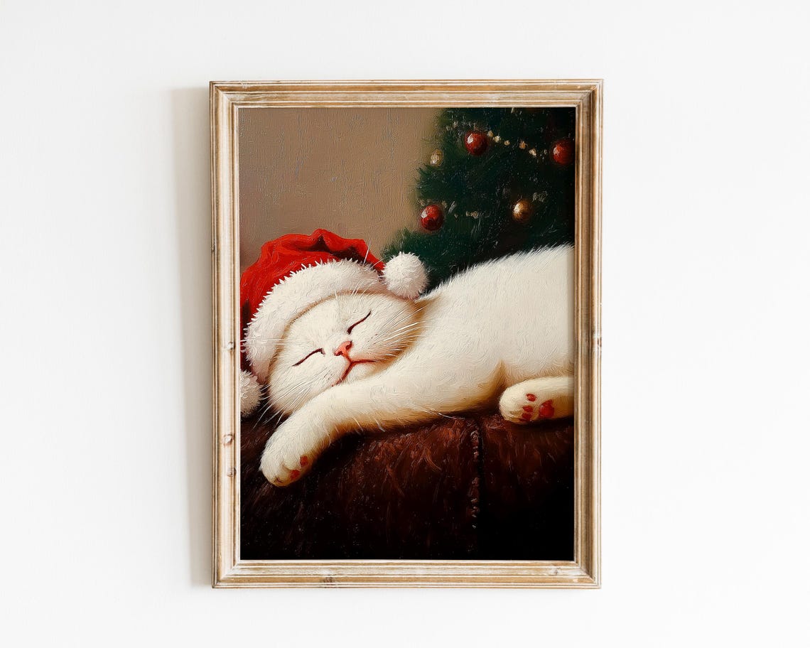 Sleeping White Cat in Santa Hat Festive Christmas Kitty Art Poster