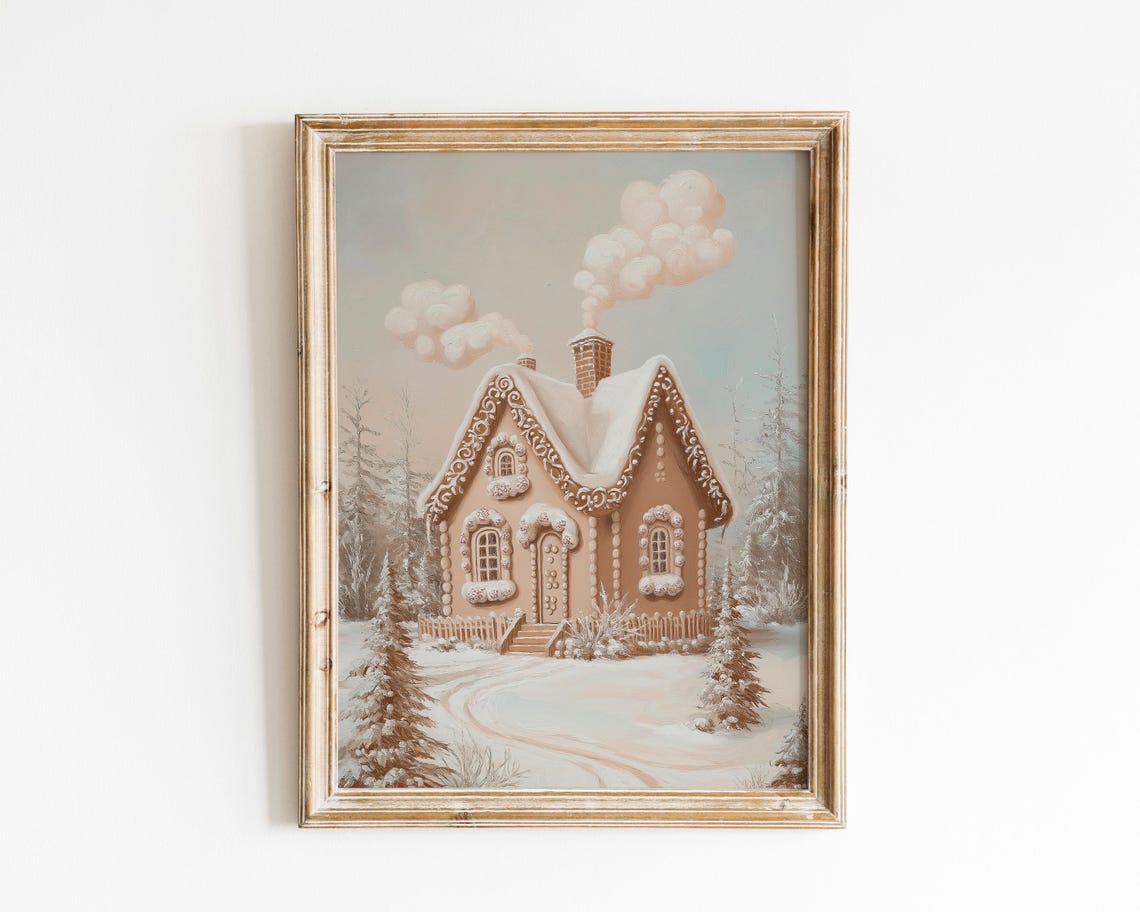 Snowy Gingerbread House Winter Village Cottage Christmas Wall Art
