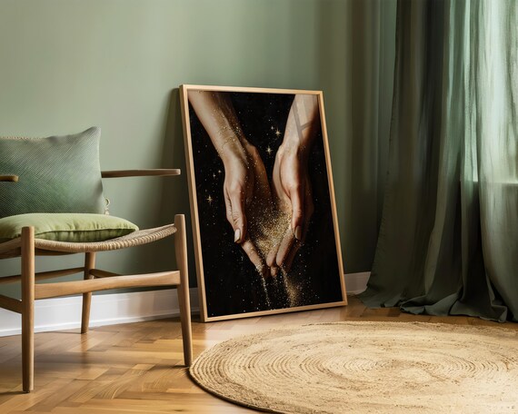 Cupped Hands Spilling Golden Stardust Against Dark Starry Night Poster