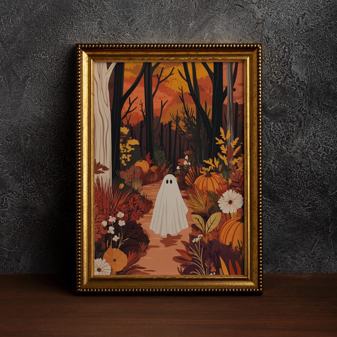 Cute Ghost Walking Through Autumn Forest With Pumpkins Poster