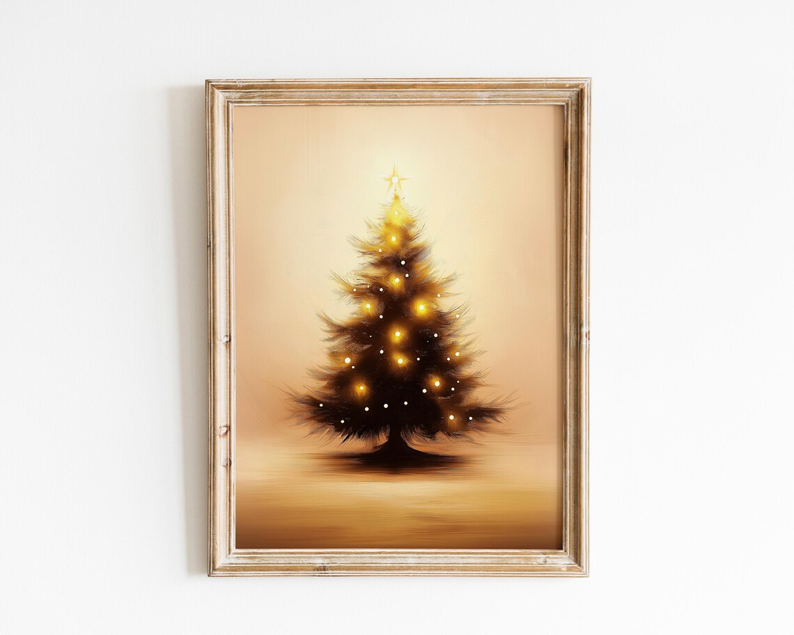 Golden Glowing Christmas Tree Cozy Oil Painting Holiday Poster