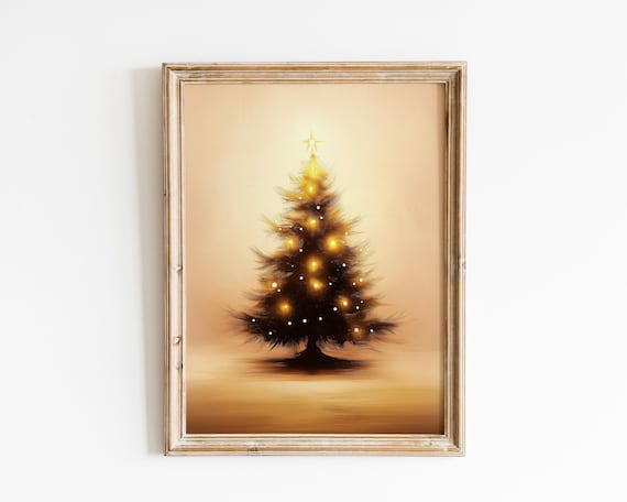 Golden Glowing Christmas Tree Cozy Oil Painting Holiday Poster