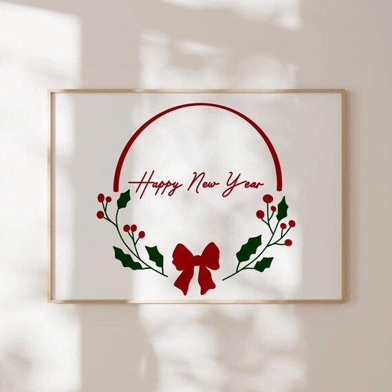 Happy New Year Print Fun Kitchen Decor Christmas Typography Wall Art Retro Wall Art Cute Holiday Decor
