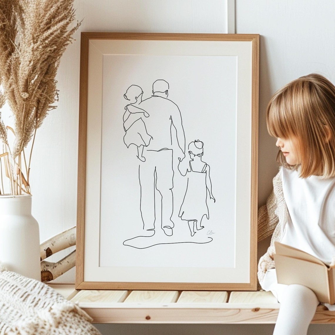 Father Carrying His Two Young Children Line Art Style Poster