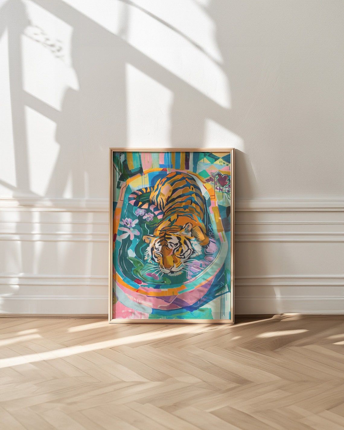 Whimsical Colorful Tiger Bath Time Maximalist Bathroom Wall Art