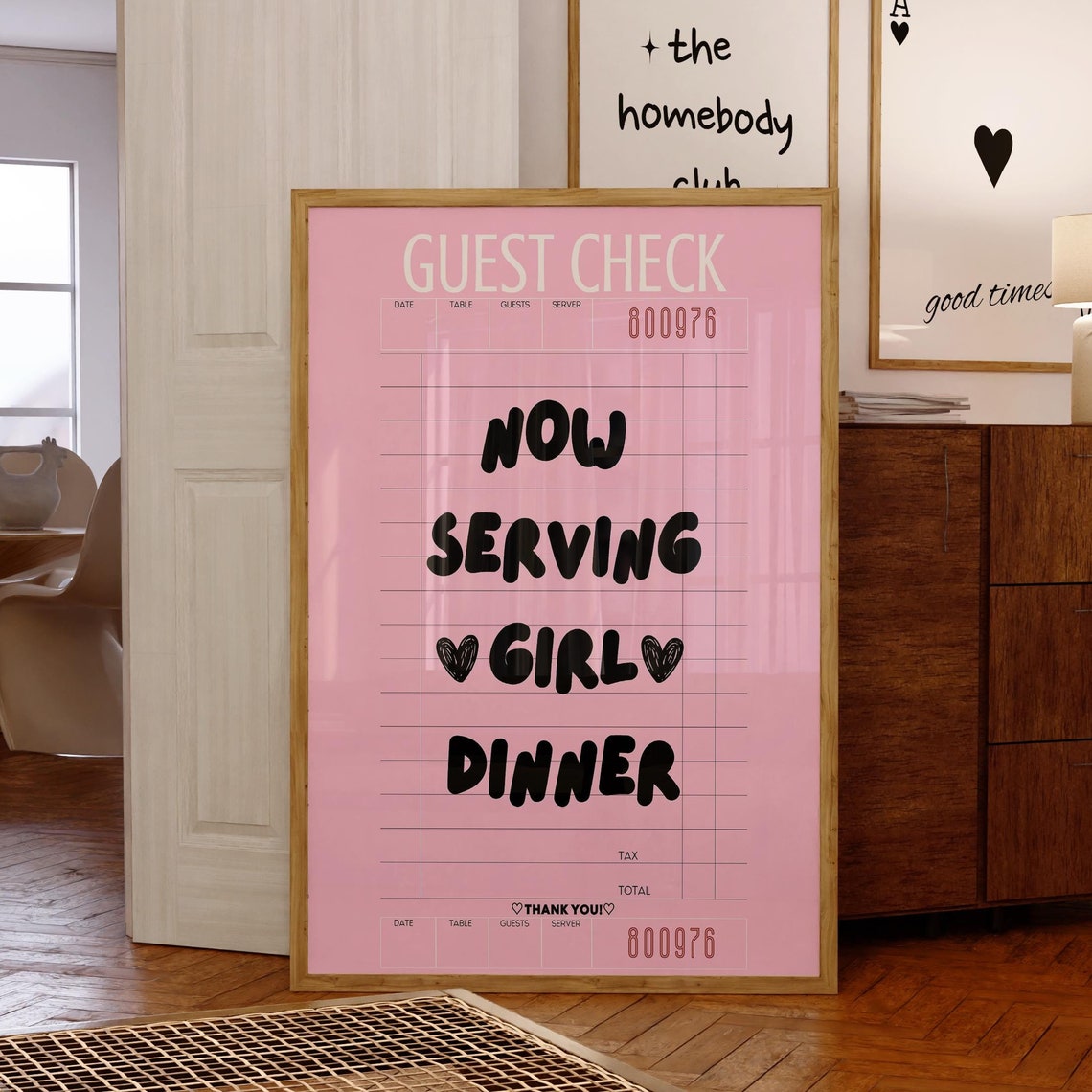 Pink Guest Check Now Serving Girl Dinner Kitchen Quote Print