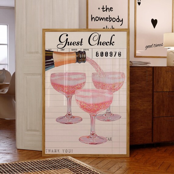 Pink Sparkling Glitter Champagne Coupes Guest Check Bar Cart Wall Art