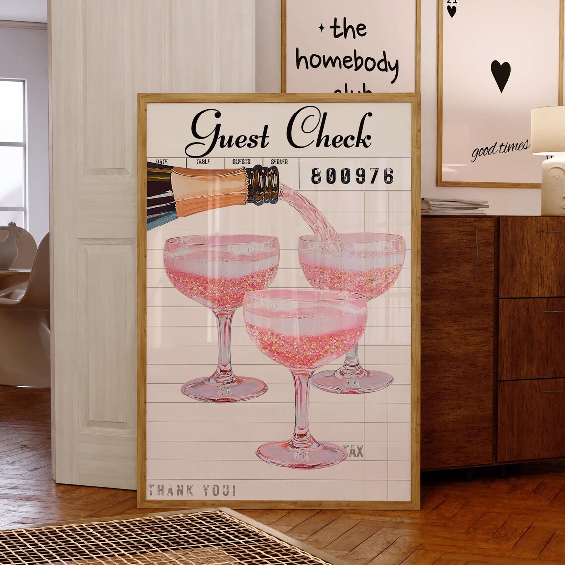 Pink Sparkling Glitter Champagne Coupes Guest Check Bar Cart Wall Art