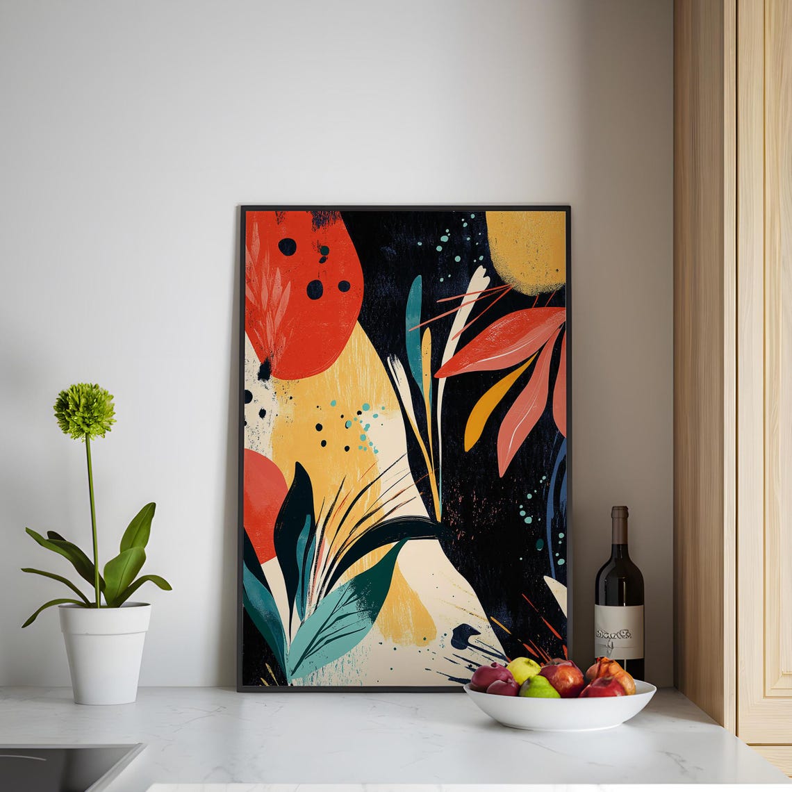 Bold Abstract Botanical Art Print Dark Background Red Leaves