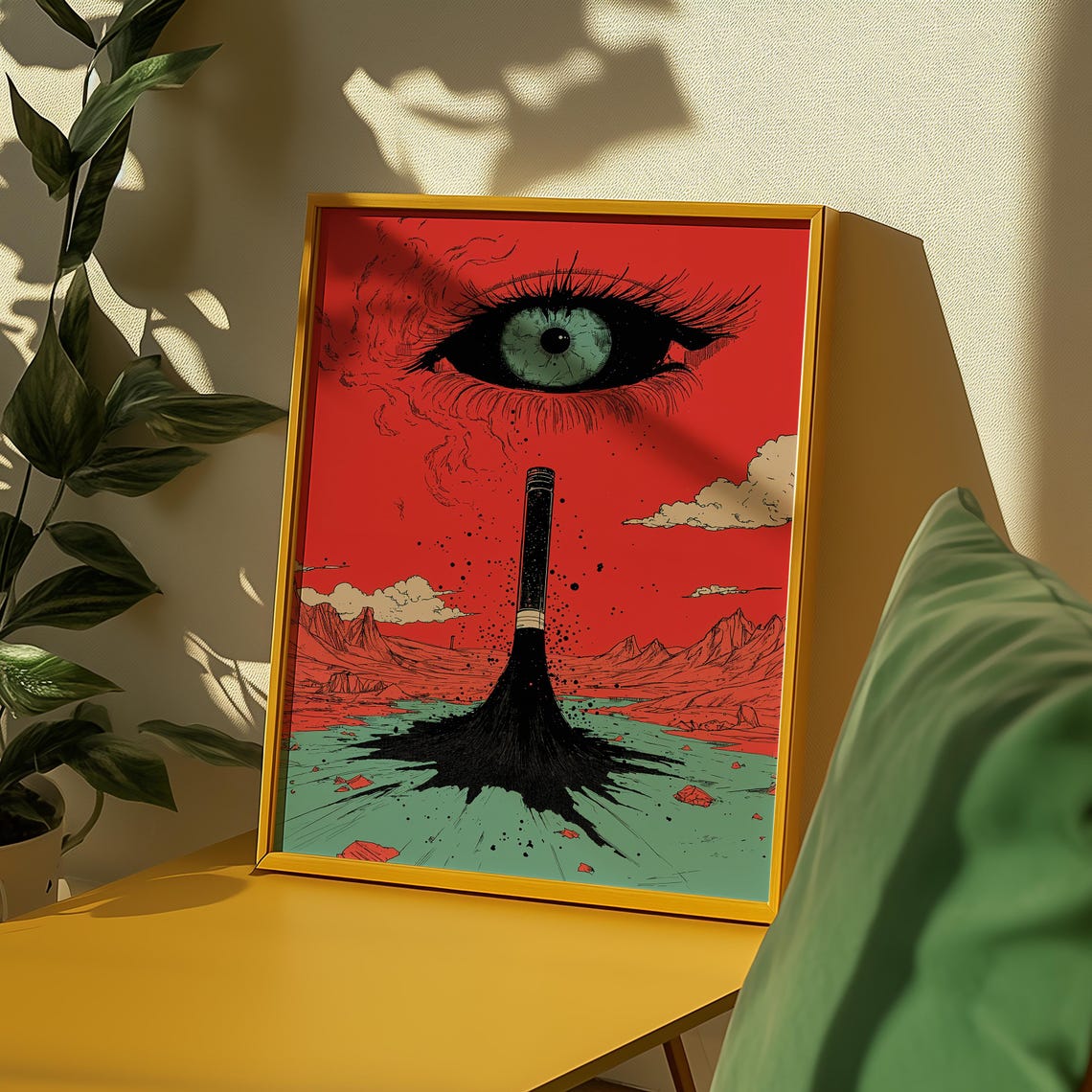 Surreal Red Comic Pop Giant Eye Ink Pen Desert Scene Art Poster - Image 2