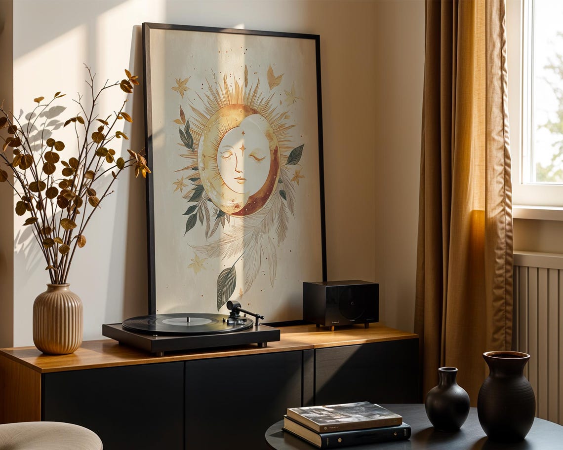 Golden Celestial Sun Moon Face Botanical Mystical Boho Poster - Image 4