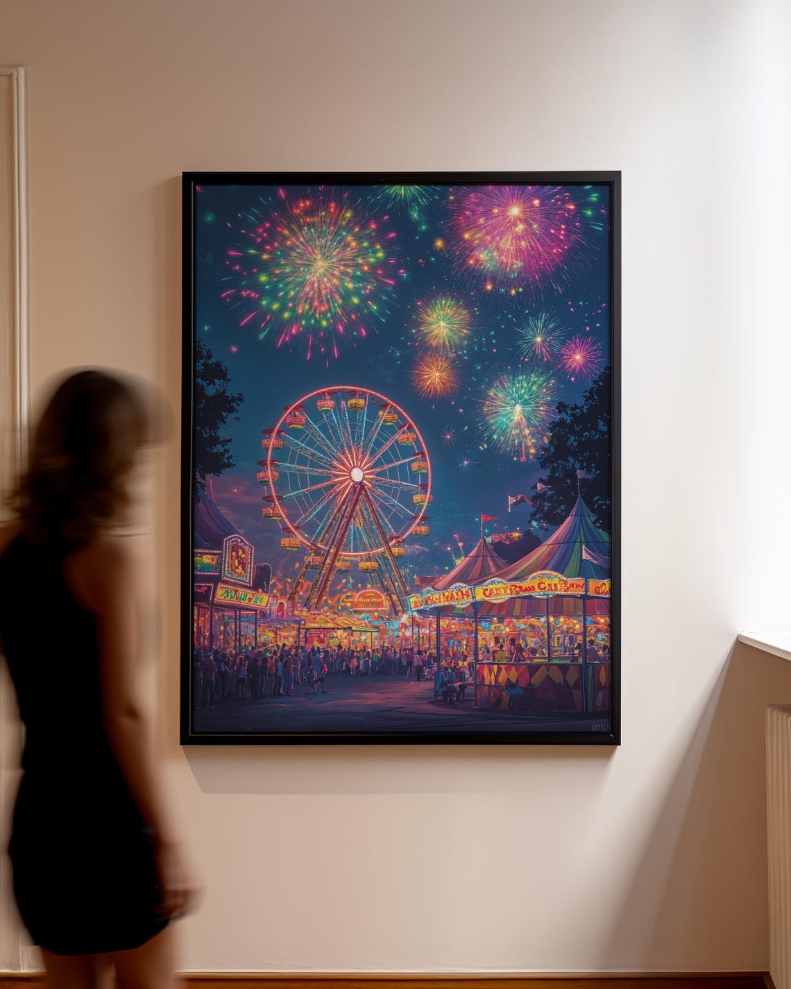 Night Carnival Fireworks Ferris Wheel Midway Lights Festival Poster - Image 3