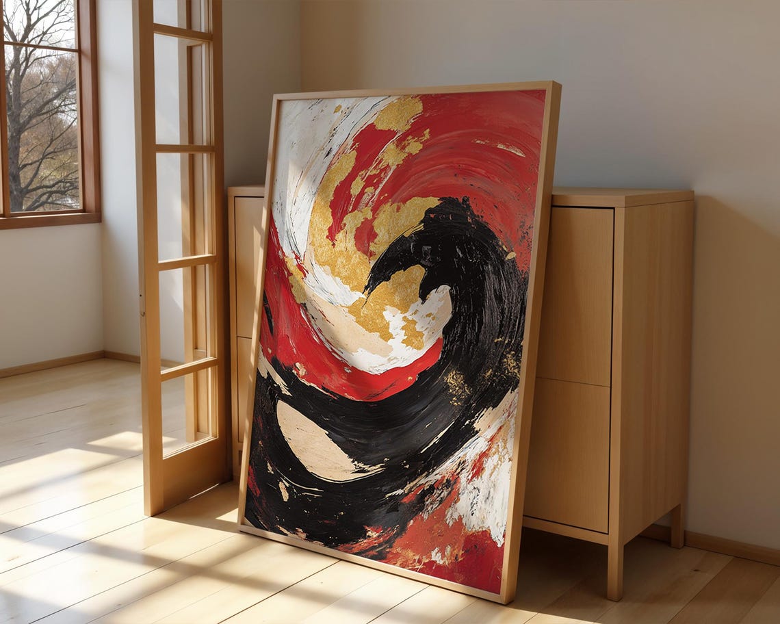 Bold Red Black and Gold Swirl Abstract Expressionist Painting Poster - Image 3