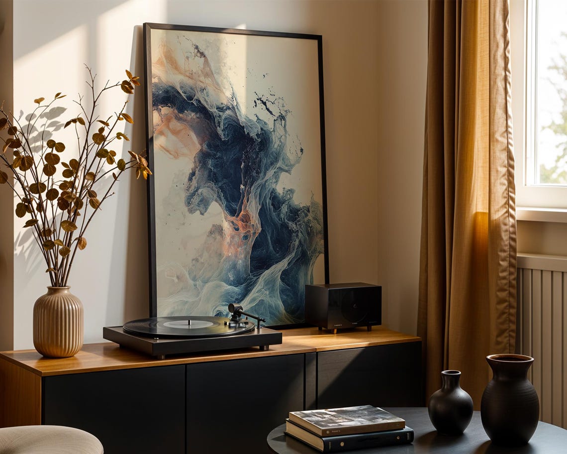 Ethereal Ocean Wave Abstract Fluid Art Navy Blue Coastal Wall Poster - Image 4