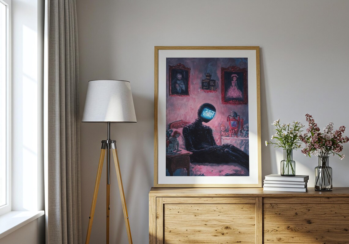 TV Head Robot Figure Vintage Bedroom Pink Retro SciFi Mood Poster - Image 5
