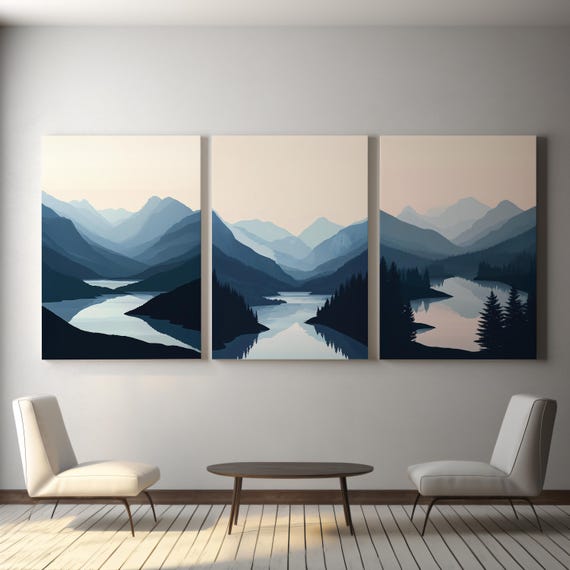 Minimalist Blue Mountain Bundle Art Print Nature Wall Set Modern Landscape Poster Scenic Artwork Decor