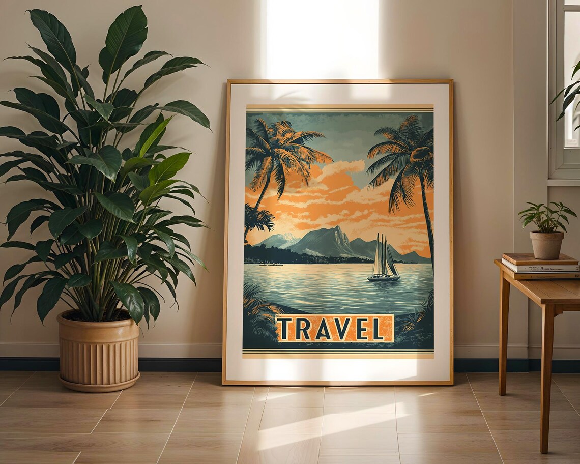 Vintage Travel Tropical Paradise Sunset Sailboat Coastal Art Poster