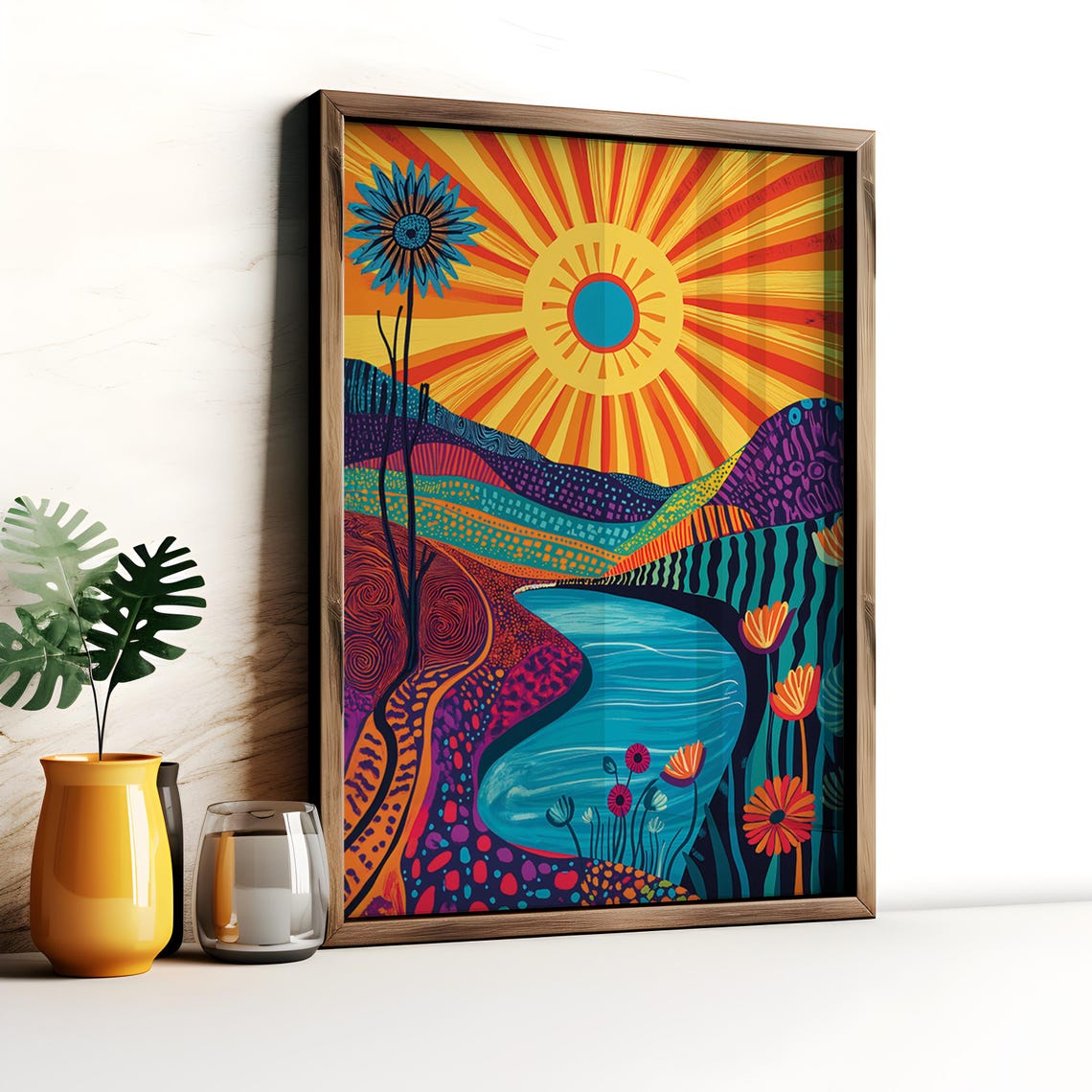 Boho Sunburst Lake Landscape Patterned Hills Colorful Folk Art Poster - Image 5