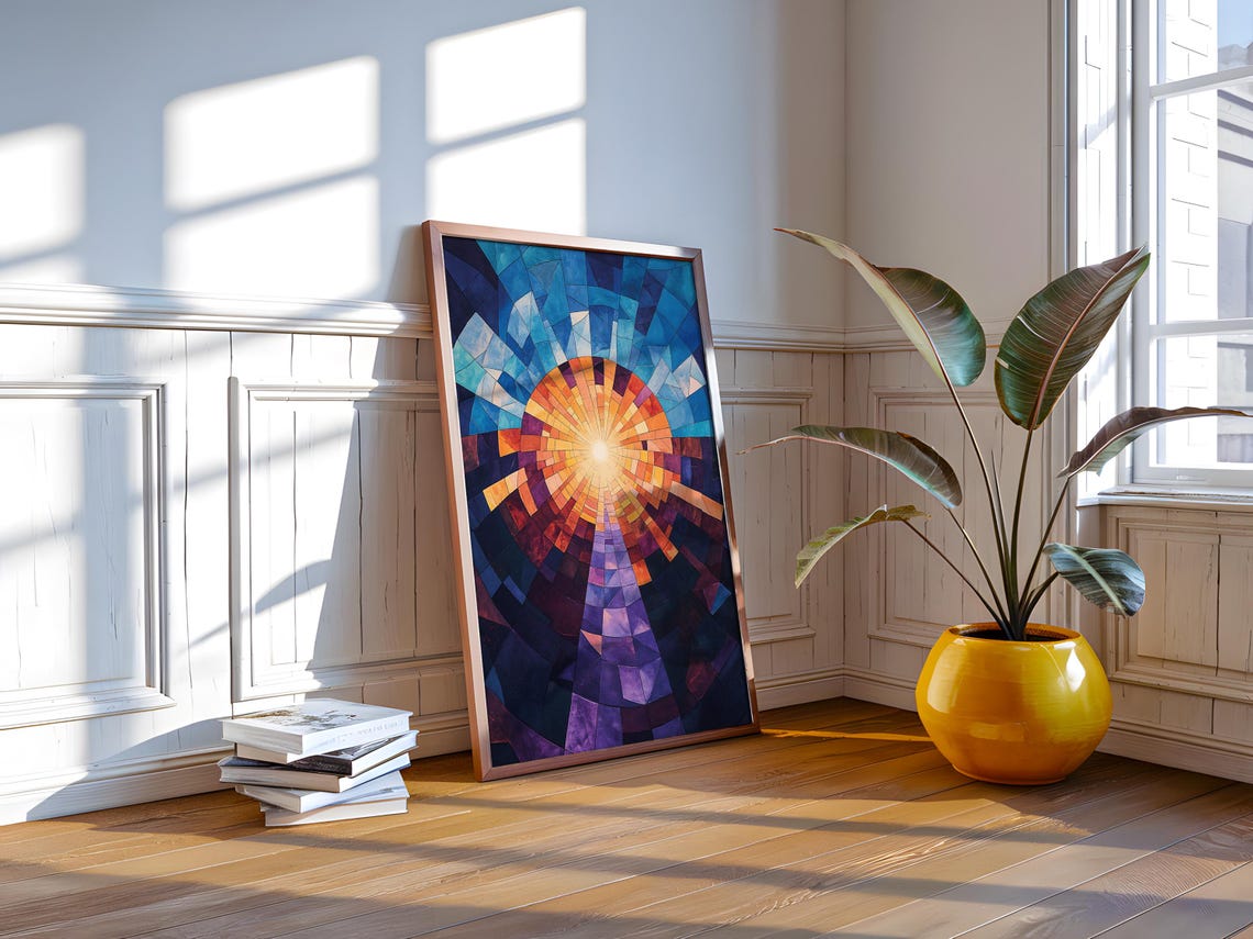 Mosaic Sun Geometric Abstract Blue Orange Stained Glass Art Poster - Image 4