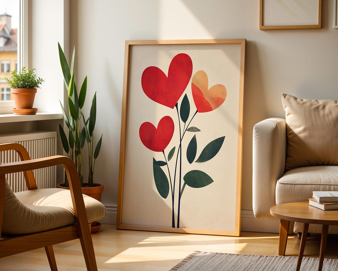 Red and Orange Heart Flower Blooms in a Modern Botanical Poster - Image 2