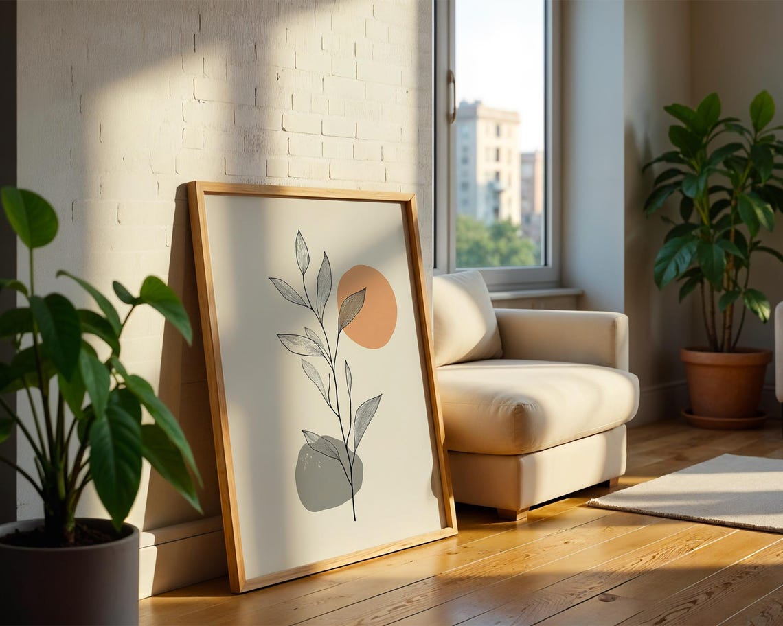 Botanical Leaf Line Art Terracotta Sun Modern Minimalist Wall Poster - Image 2