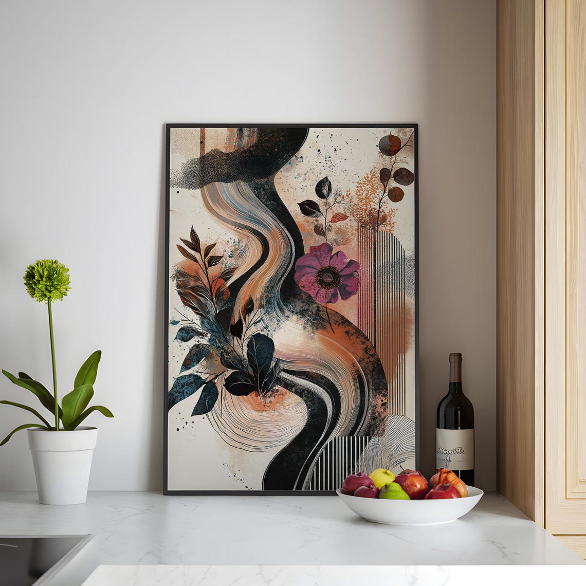 Wavy Line Botanical Abstract Art Print Copper Blush Purple Flower