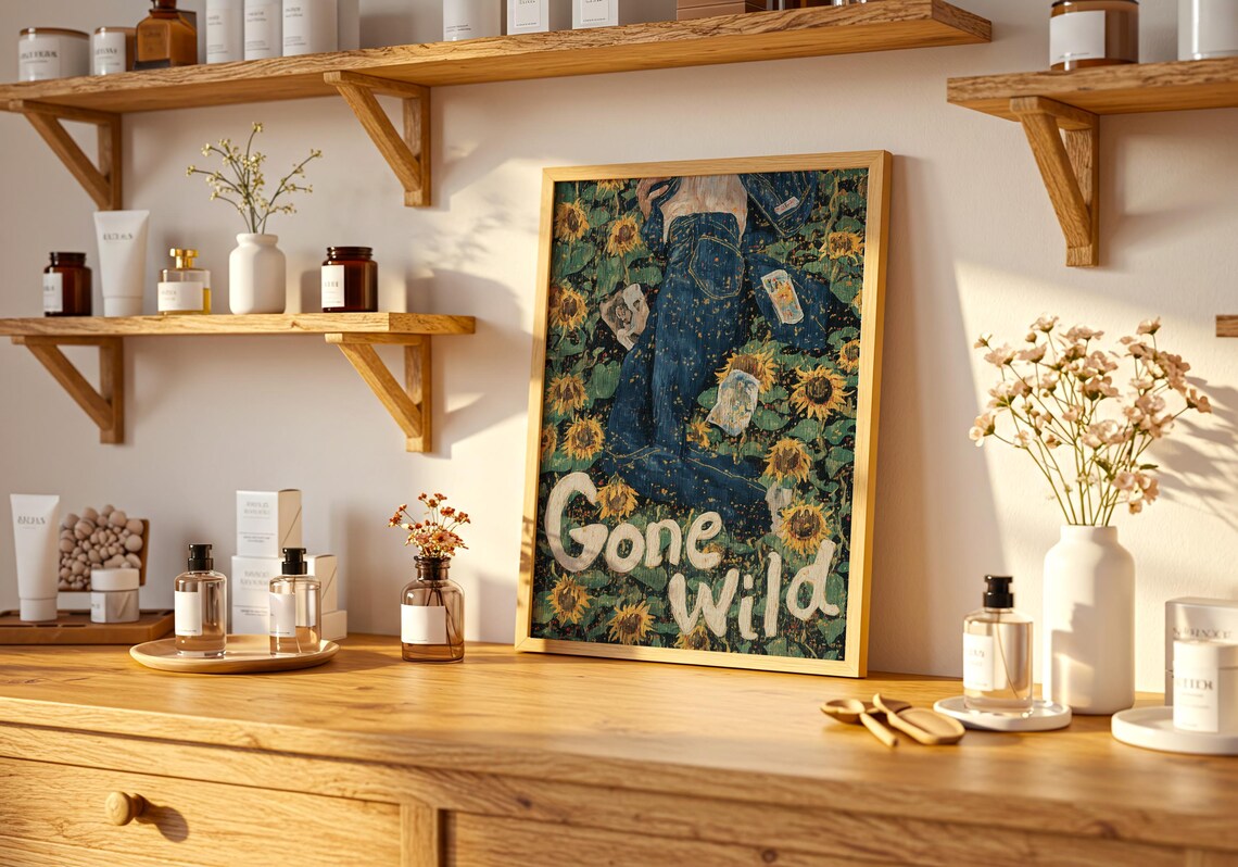 Gone Wild Sunflower Field Denim Girl Vintage Botanical Text Retro Wall Art - Image 3