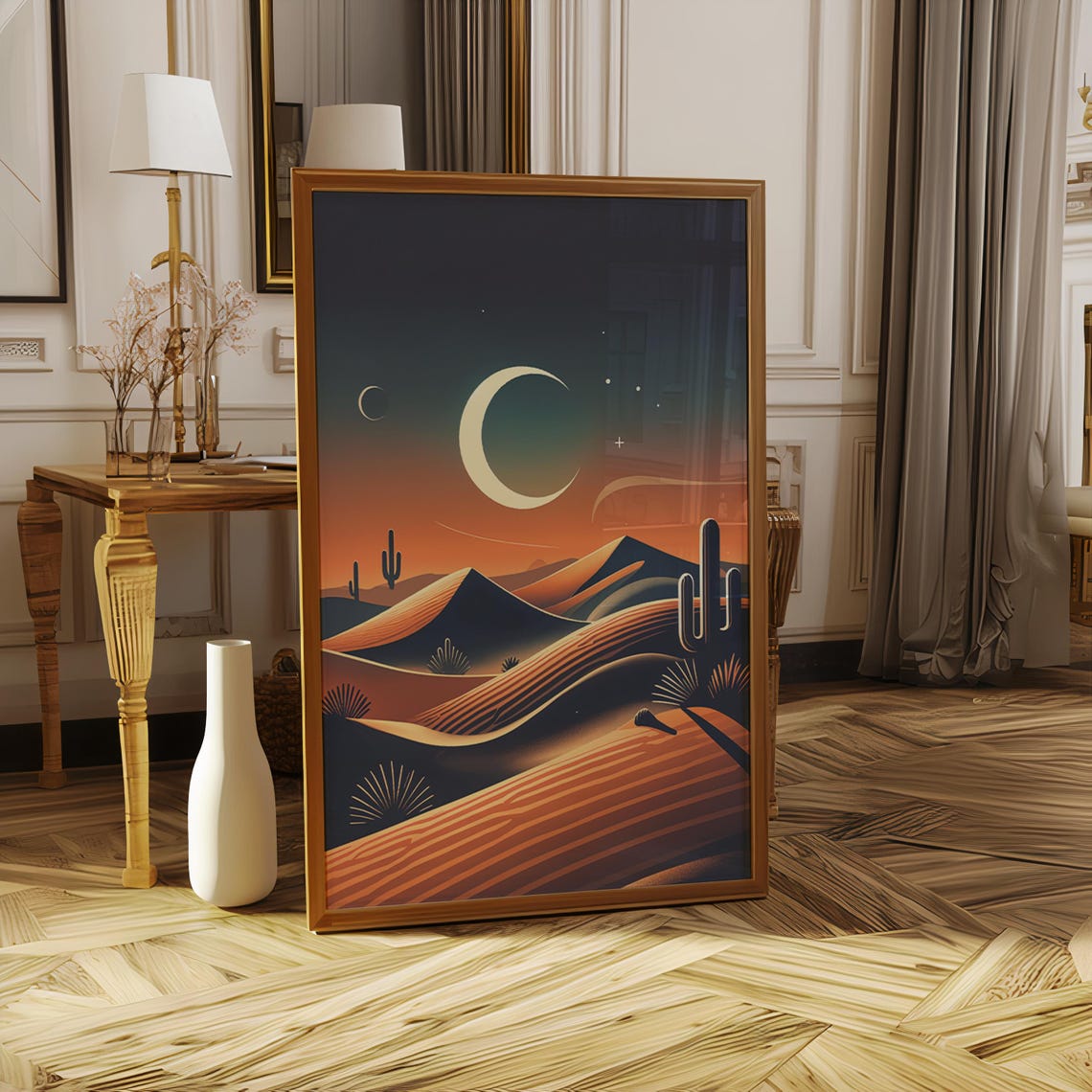 Crescent Moon Striped Dunes Desert Night Stylized Art Poster - Image 5