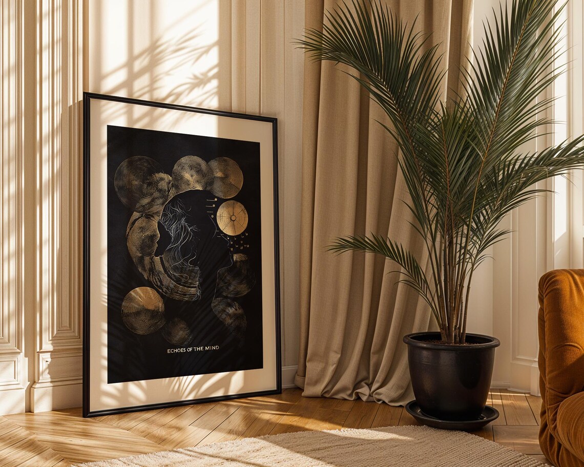 Echoes of the Mind Gold Black Cosmic Thought Surreal Art Poster - Image 2
