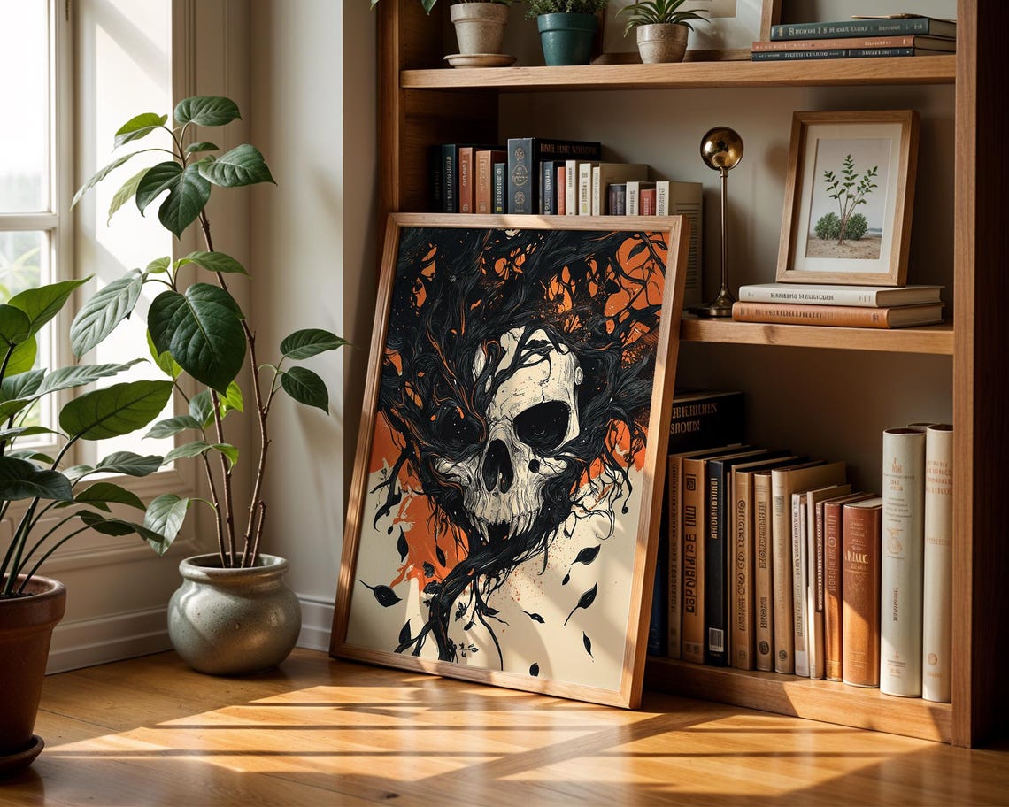 Skull Thorny Branch Dark Art Poster Orange Halloween Gothic Decor - Image 2