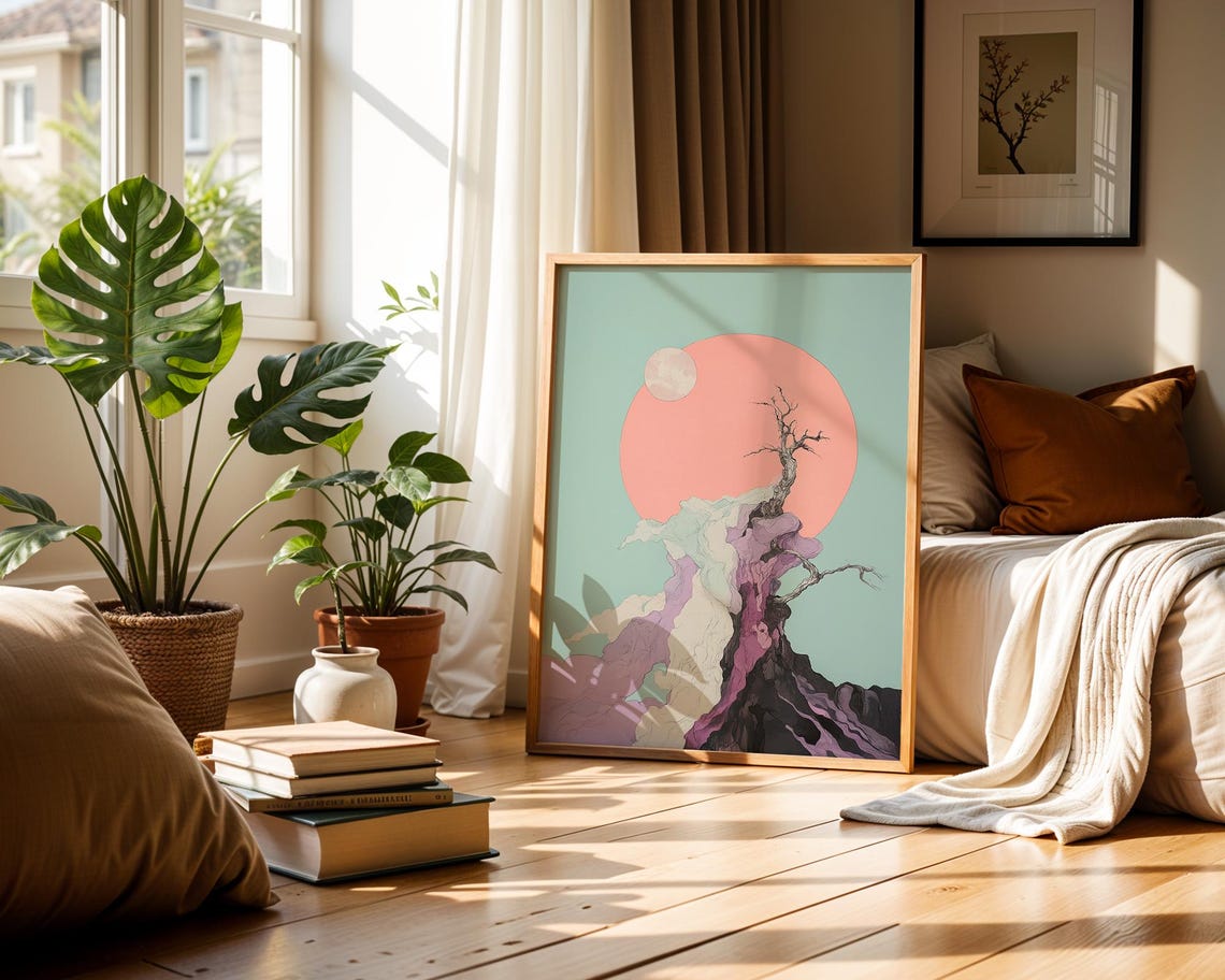 Surreal Lone Tree Pink Sun Mint Green Dream Landscape Wall Poster - Image 2