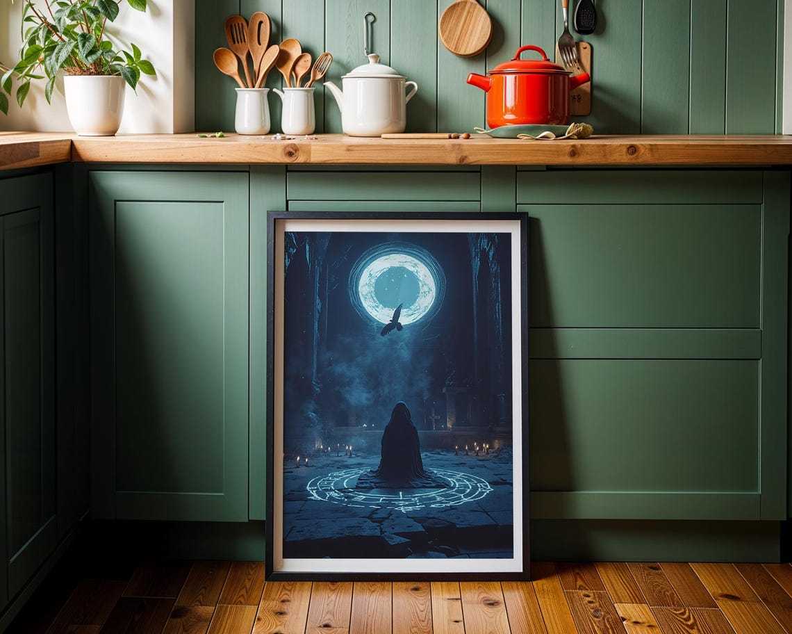 Hooded Figure Moon Portal Crow Ritual Dark Fantasy Art Poster - Image 4