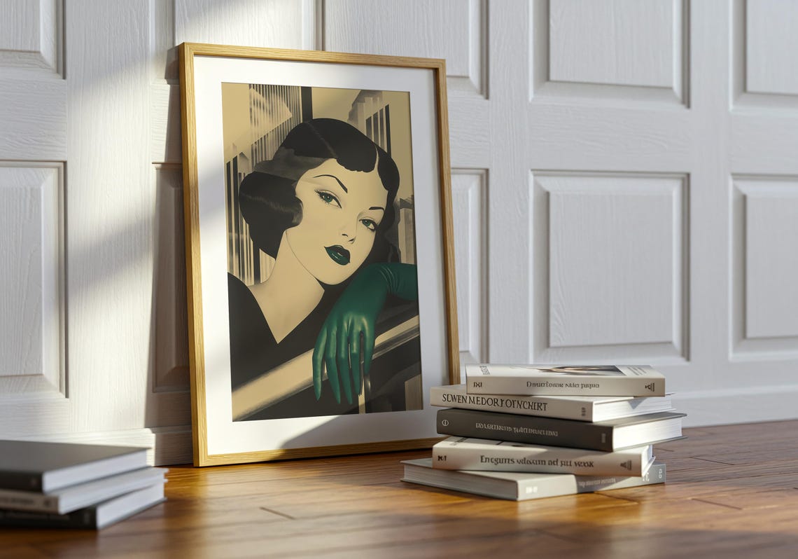 Art Deco Glamorous Woman Portrait Emerald Green Gloves Noir Poster - Image 5