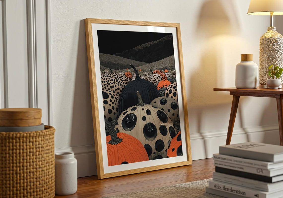 Polka Dot Pumpkins Field Moonlit Hills Spooky Fall Harvest Art Poster - Image 3
