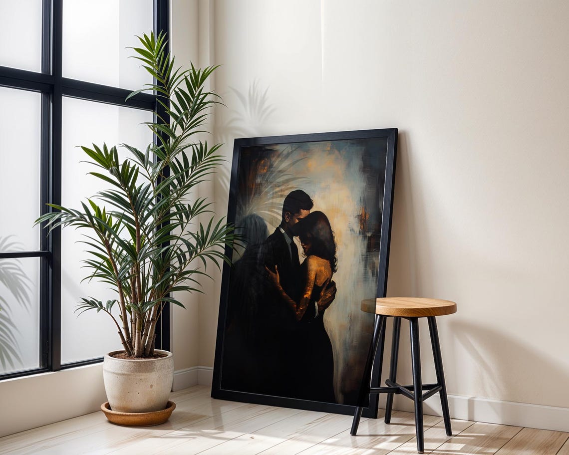 Romantic Couple Embrace Moody Painterly Dark Love Wall Poster - Image 3
