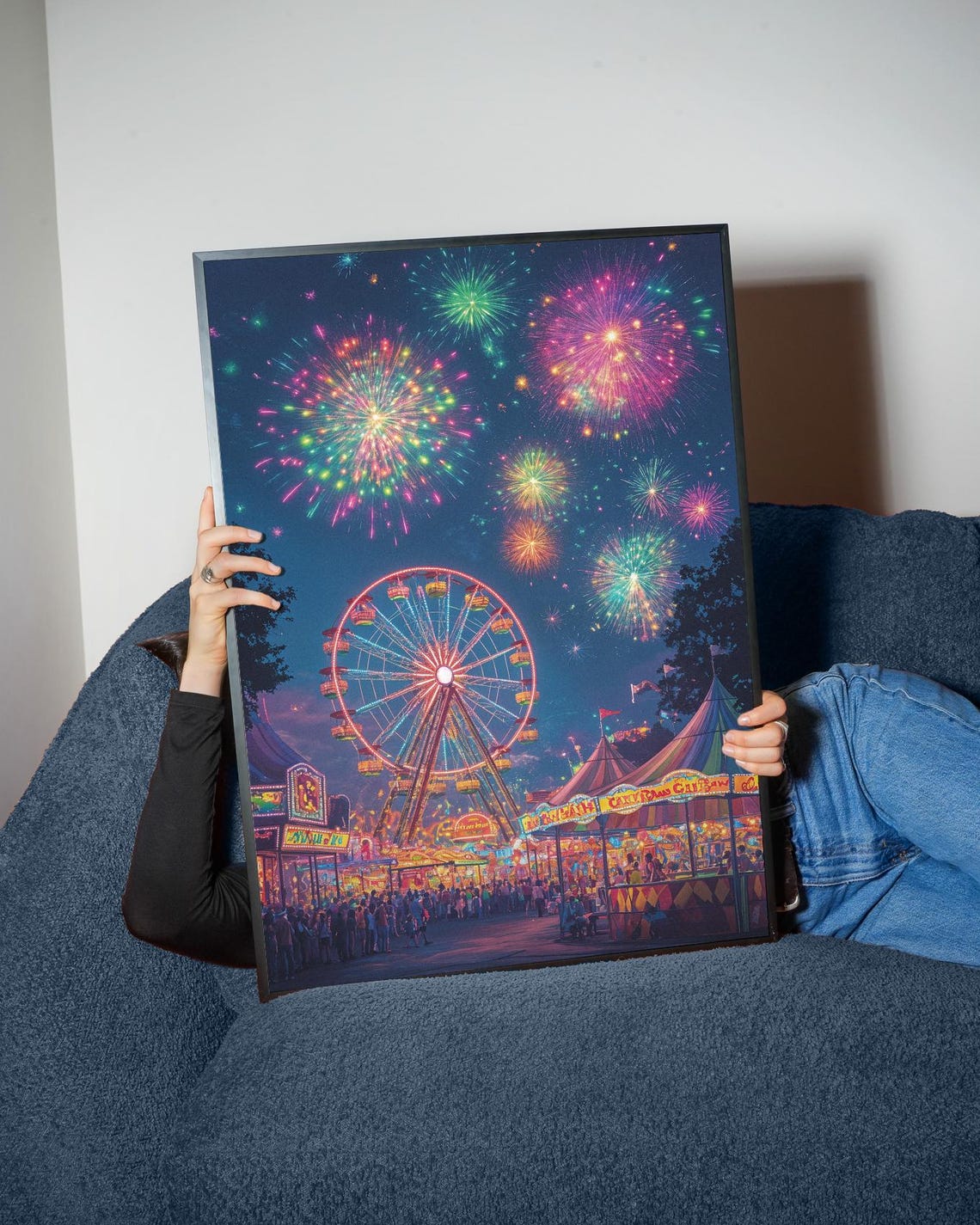 Night Carnival Fireworks Ferris Wheel Midway Lights Festival Poster