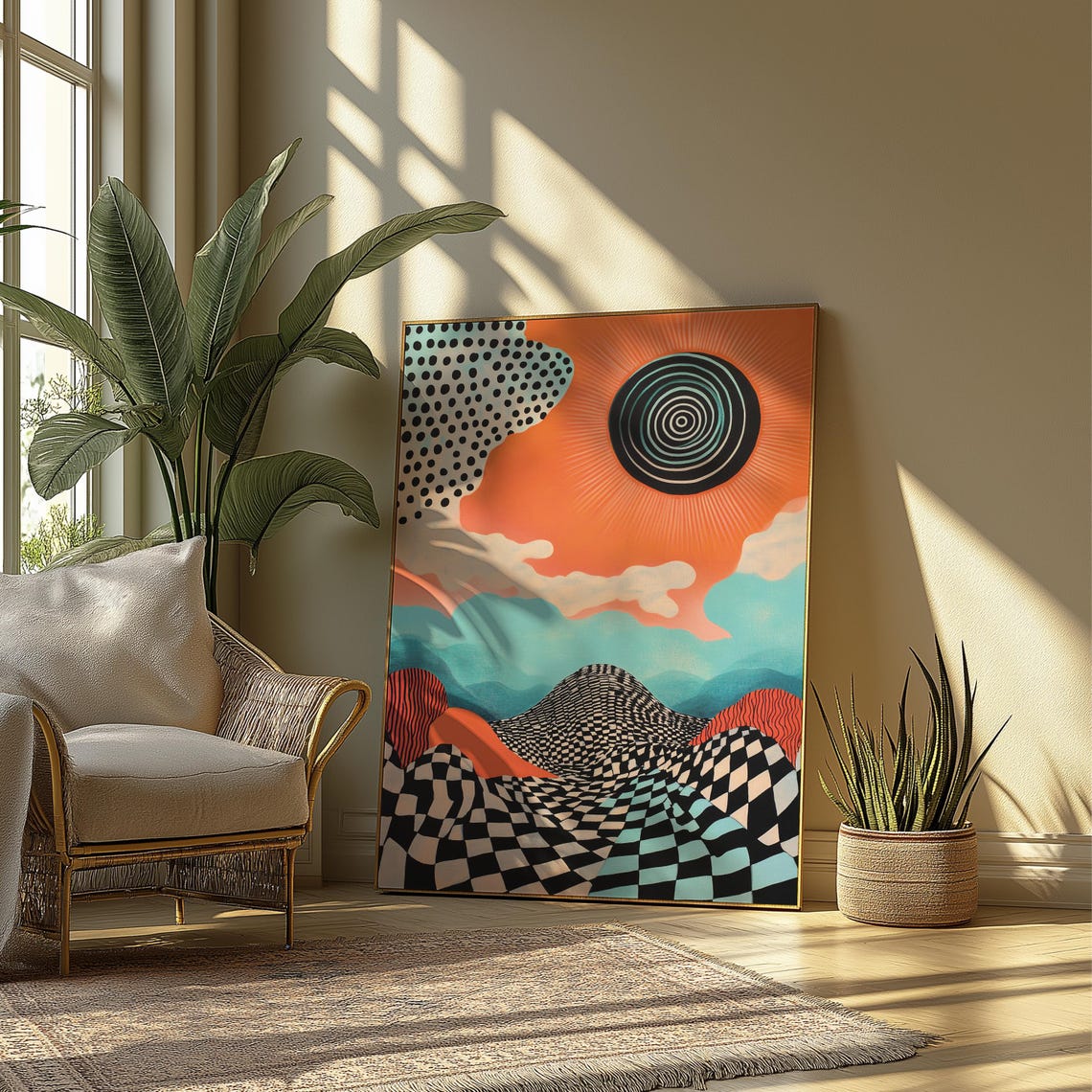 Psychedelic Checkerboard Hills Spiral Sun Retro Landscape Poster - Image 3