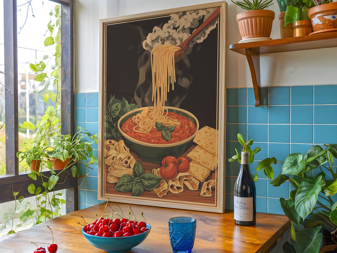 Vintage Pasta Art Print Italian Kitchen Decor Rustic Spaghetti Tomato Illustration - Image 4
