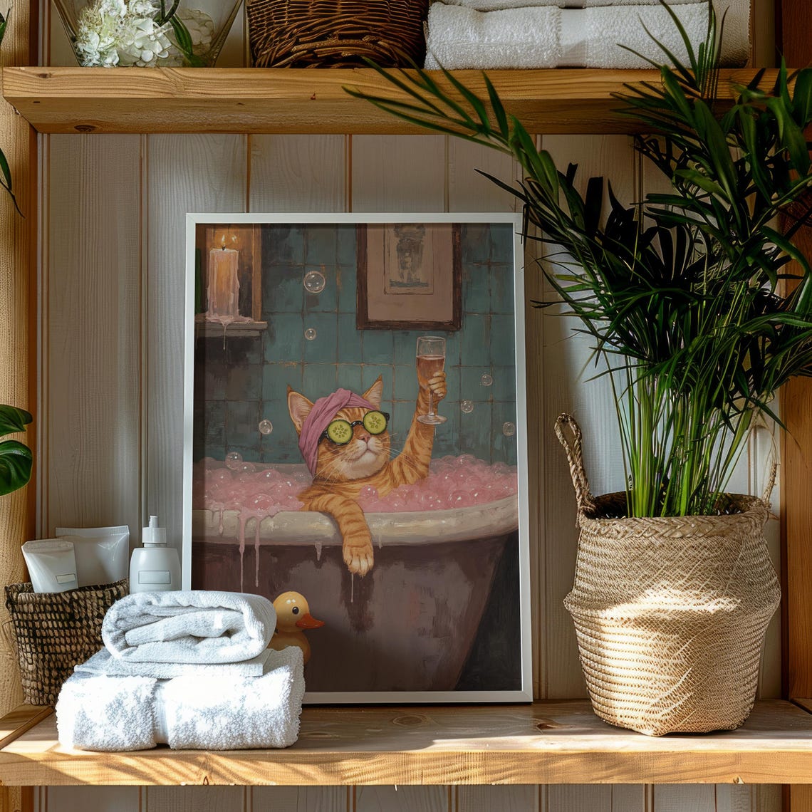 Funny Cat In Bathtub Art Print Whimsical Bathroom Decor Retro Animal Wall - Image 2