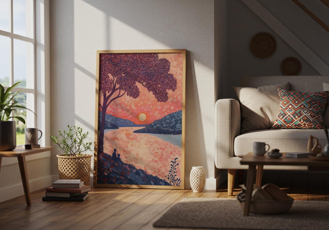 Romantic Sunset River Valley Art Print Couple Under Tree Dotted - Image 5