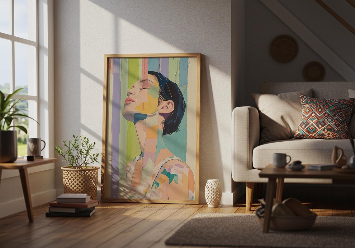 Striped Woman Portrait Abstract Art Print Pastel Rainbow Painting - Image 2