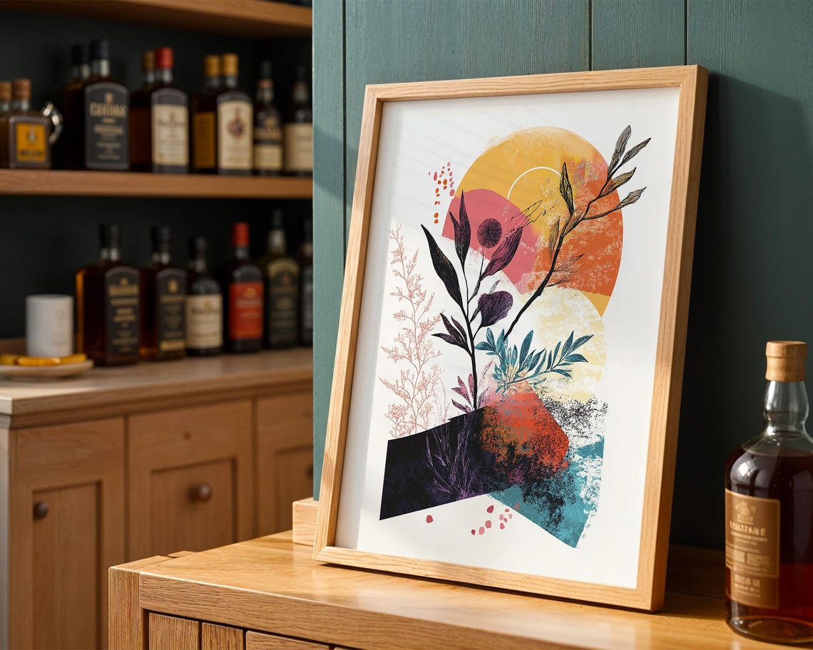 Colorful Sunrise Botanical Abstract Art Print Dark Foliage Branches - Image 3