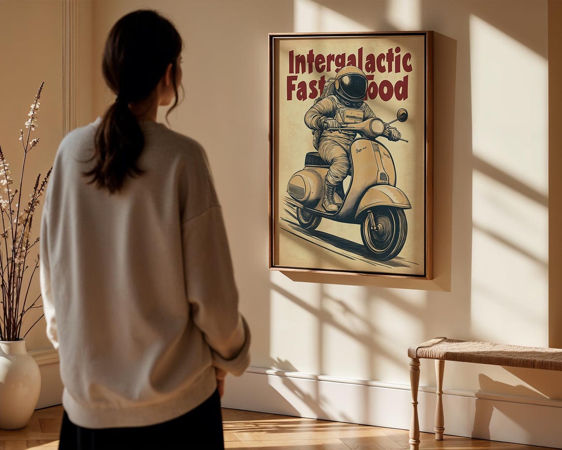 Retro Space Astronaut Art Print Vintage Scifi Biker Poster Funny Outer Wall Futuristic Diner Decor - Image 2