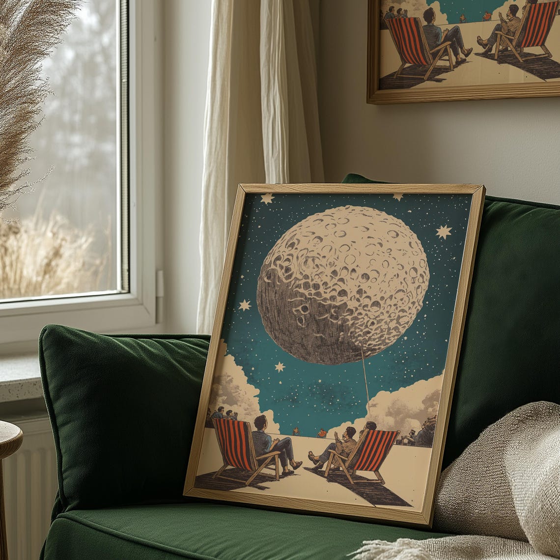 Giant Moon Starry Night Sky Vintage Astronomy Stargazing Art Poster - Image 3