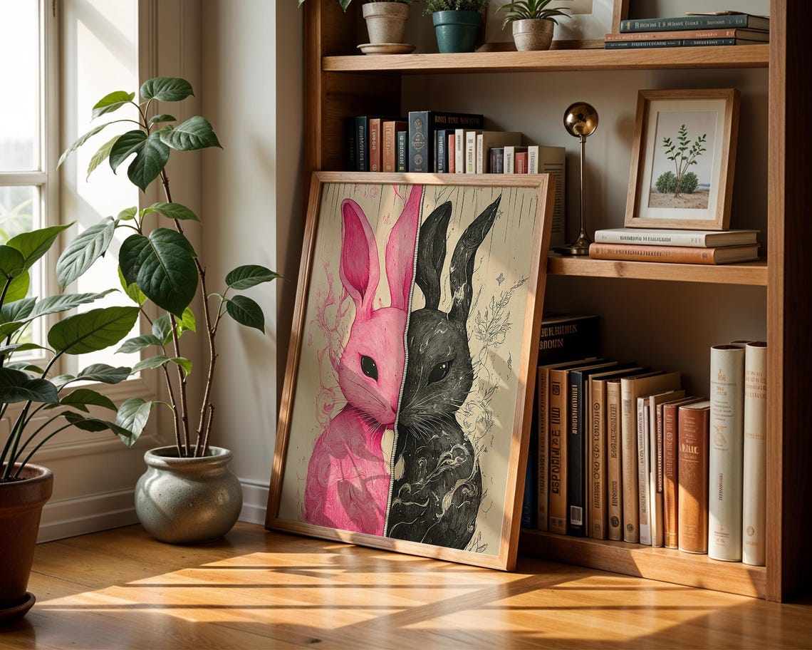 Split Pink Black Rabbit Zipper Surreal Duality Bunny Art Poster - Image 5