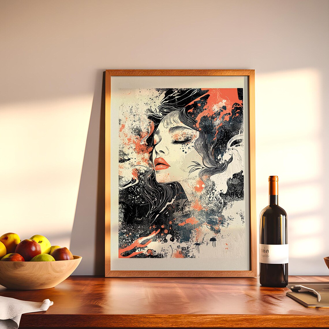 Dreamy Expressive Woman Portrait Coral Ink Splash Art Wall Poster