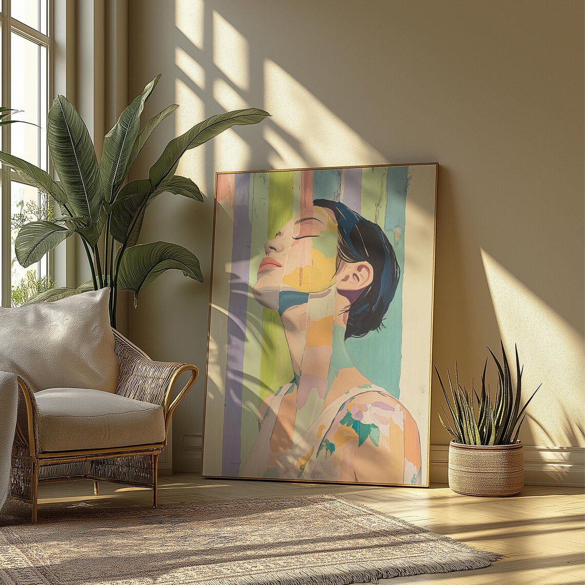 Striped Woman Portrait Abstract Art Print Pastel Rainbow Painting - Image 3