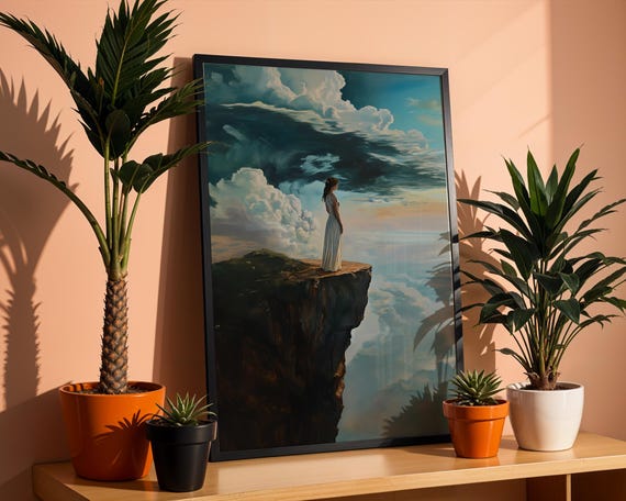 Surreal Woman On Cliff Edge Art Print Dreamy Dark Fantasy Wall Decor Atmospheric