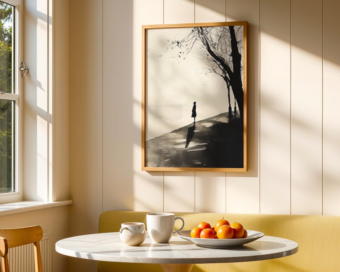Lone Walker Minimalist Ink Landscape Black White Wall Poster - Image 4