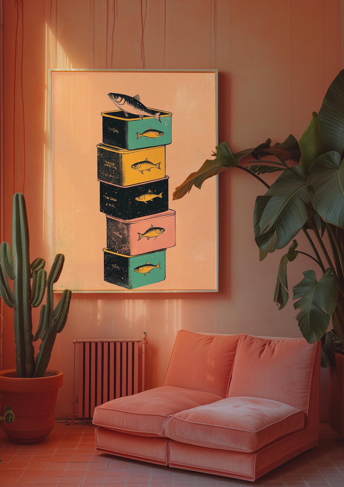 Retro Sardine Stack Art Print Quirky Fish Illustration Colorful Kitchen Pop Wall - Image 4